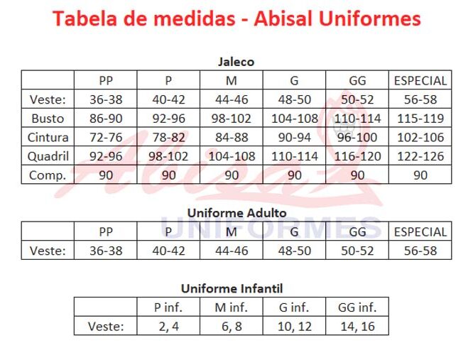 Tabela de medidas Abisal Uniformes